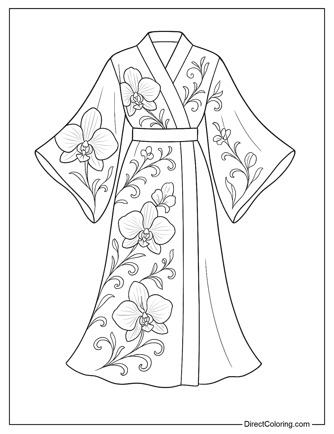 A coloring page of a kimono with wide sleeves like orchid petals, and soft, curvy floral motifs